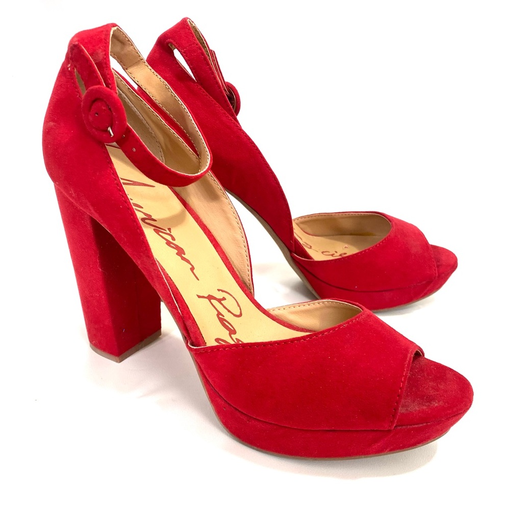 American Rag Chunky Heel Platform Pumps 9.5 Peep Toe Ankle Strap Red High Heel